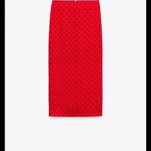 NWT Large Zara Woman Red Black Polka Dot High Waisted Straight Skirt